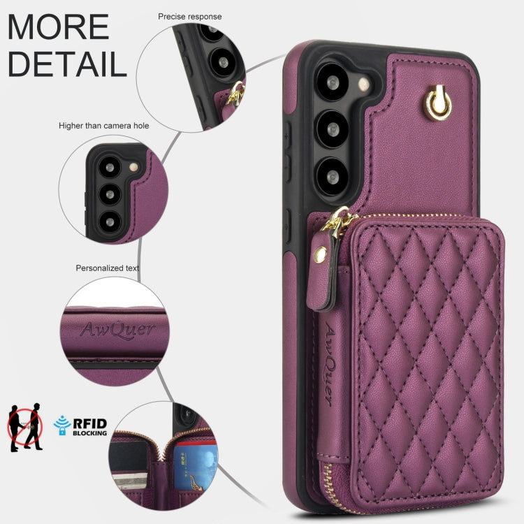 For Samsung Galaxy S23+ 5G AwQuer Crossbody Zipper Wallet Rhombic Leather Back Phone Case(Dark Purple)