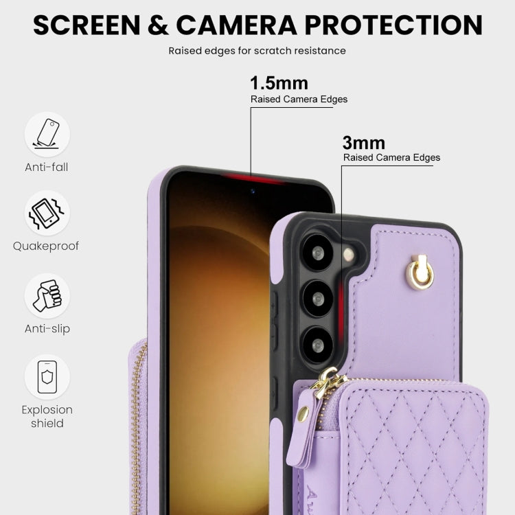 For Samsung Galaxy S23+ 5G AwQuer Crossbody Zipper Wallet Rhombic Leather Back Phone Case(Purple)