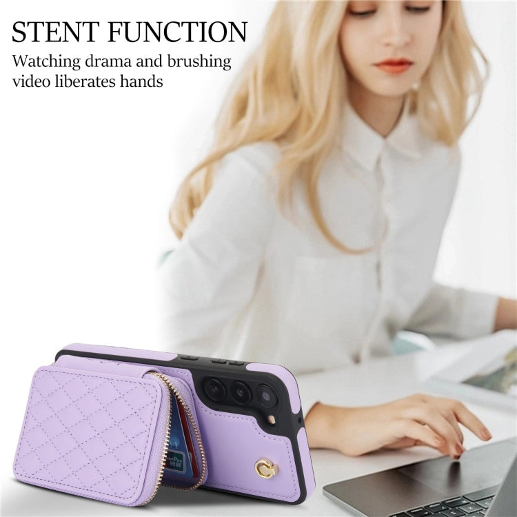 For Samsung Galaxy S23+ 5G AwQuer Crossbody Zipper Wallet Rhombic Leather Back Phone Case(Purple)