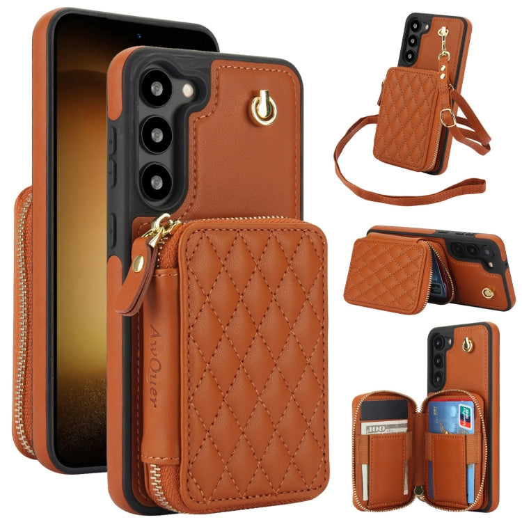 For Samsung Galaxy S23+ 5G AwQuer Crossbody Zipper Wallet Rhombic Leather Back Phone Case(Brown)