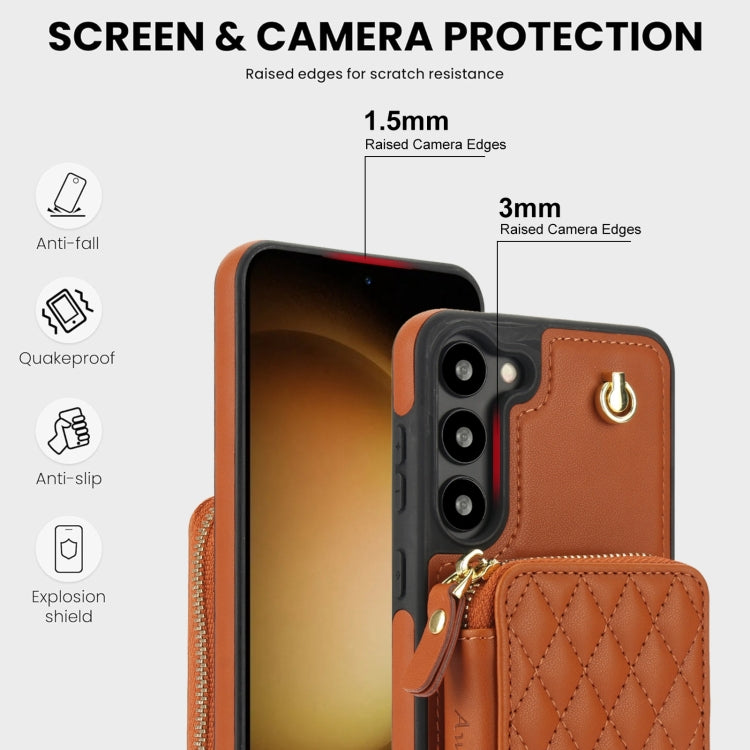 For Samsung Galaxy S23+ 5G AwQuer Crossbody Zipper Wallet Rhombic Leather Back Phone Case(Brown)
