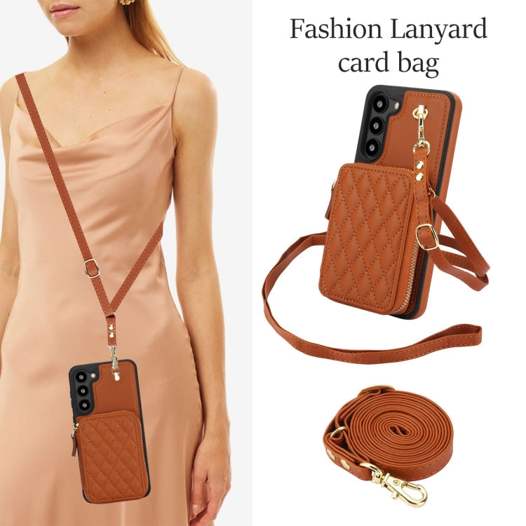 For Samsung Galaxy S23+ 5G AwQuer Crossbody Zipper Wallet Rhombic Leather Back Phone Case(Brown)