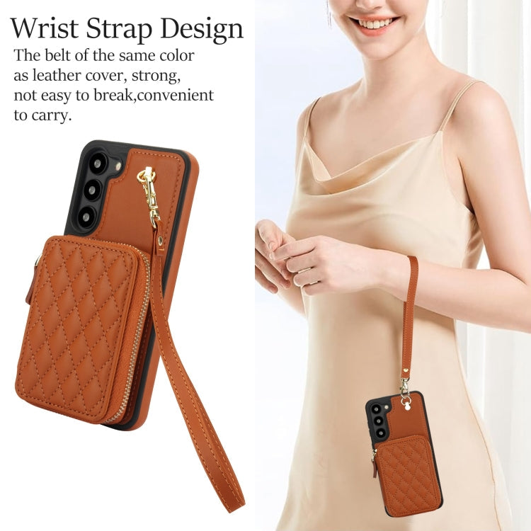 For Samsung Galaxy S23+ 5G AwQuer Crossbody Zipper Wallet Rhombic Leather Back Phone Case(Brown)