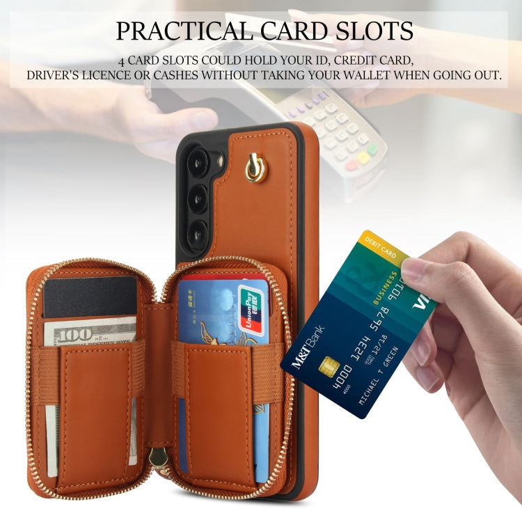 For Samsung Galaxy S23+ 5G AwQuer Crossbody Zipper Wallet Rhombic Leather Back Phone Case(Brown)