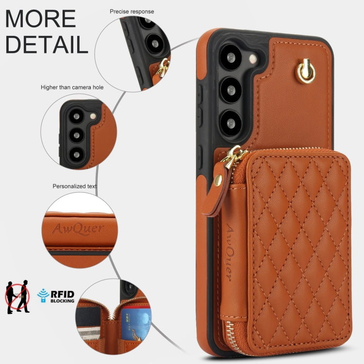 For Samsung Galaxy S23+ 5G AwQuer Crossbody Zipper Wallet Rhombic Leather Back Phone Case(Brown)