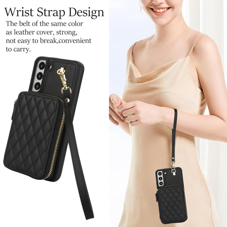 For Samsung Galaxy S22 5G AwQuer Crossbody Zipper Wallet Rhombic Leather Back Phone Case(Black)