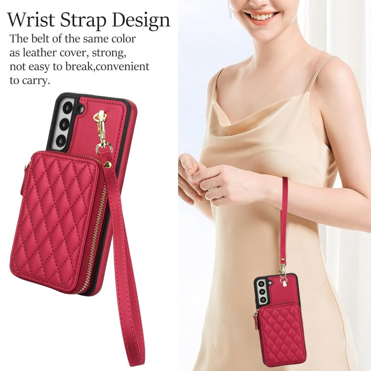 For Samsung Galaxy S22 5G AwQuer Crossbody Zipper Wallet Rhombic Leather Back Phone Case(Red)