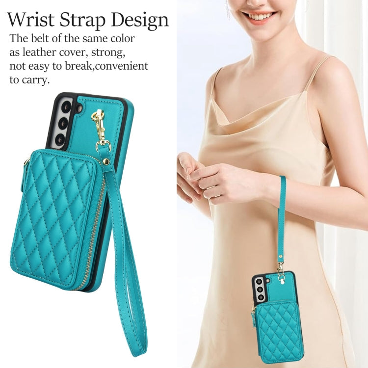 For Samsung Galaxy S22 5G AwQuer Crossbody Zipper Wallet Rhombic Leather Back Phone Case(Green)