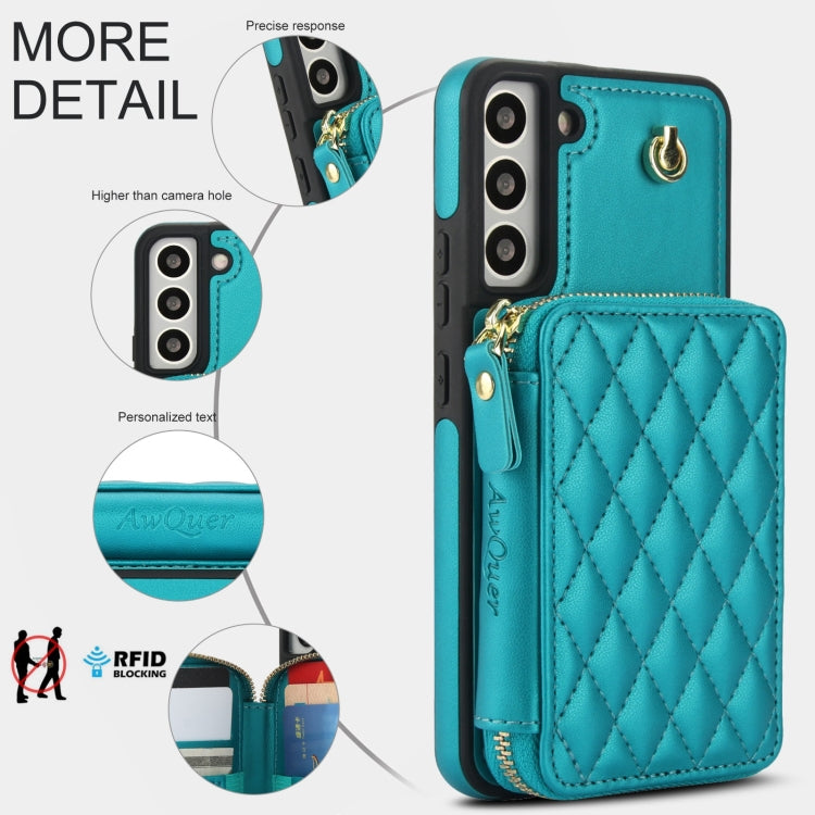 For Samsung Galaxy S22 5G AwQuer Crossbody Zipper Wallet Rhombic Leather Back Phone Case(Green)