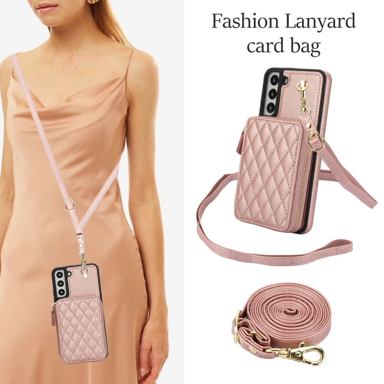 For Samsung Galaxy S22 5G AwQuer Crossbody Zipper Wallet Rhombic Leather Back Phone Case(Rose Gold)