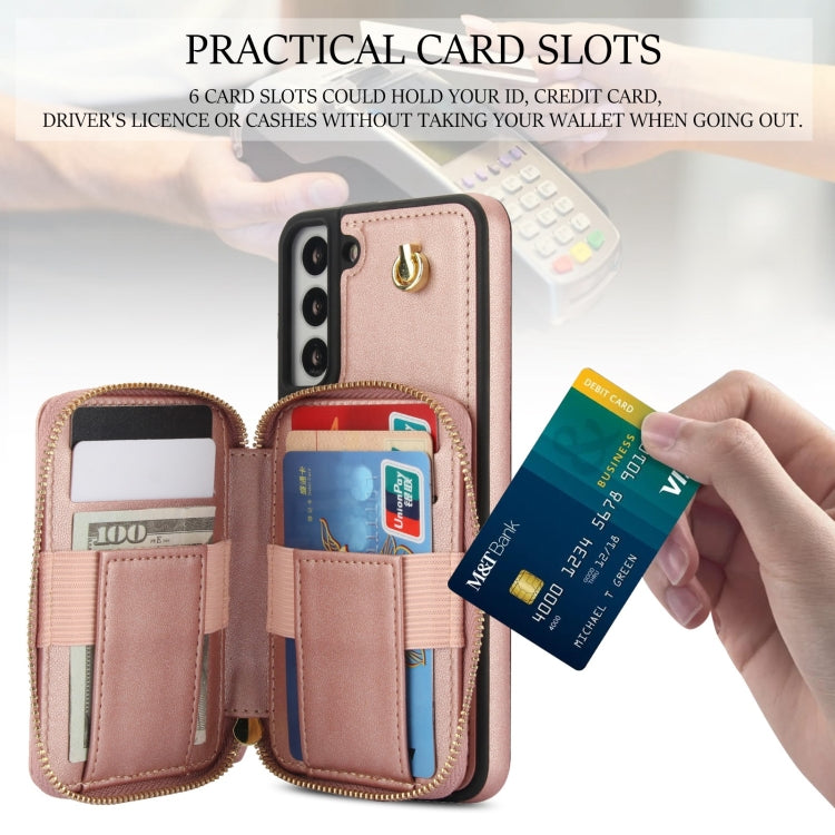 For Samsung Galaxy S22 5G AwQuer Crossbody Zipper Wallet Rhombic Leather Back Phone Case(Rose Gold)