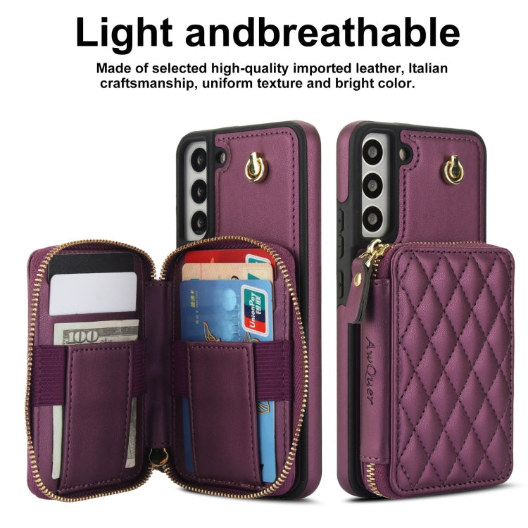 For Samsung Galaxy S22 5G AwQuer Crossbody Zipper Wallet Rhombic Leather Back Phone Case(Dark Purple)