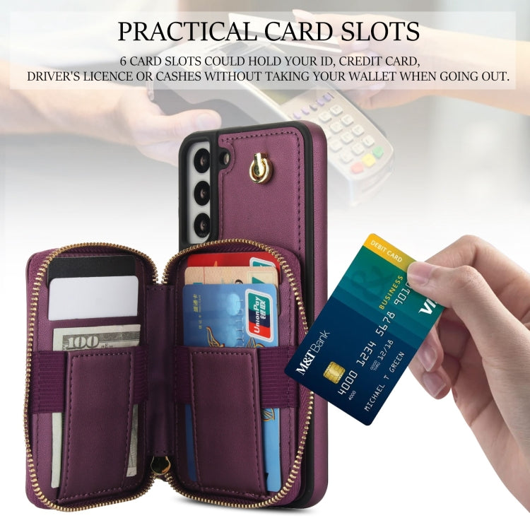 For Samsung Galaxy S22 5G AwQuer Crossbody Zipper Wallet Rhombic Leather Back Phone Case(Dark Purple)