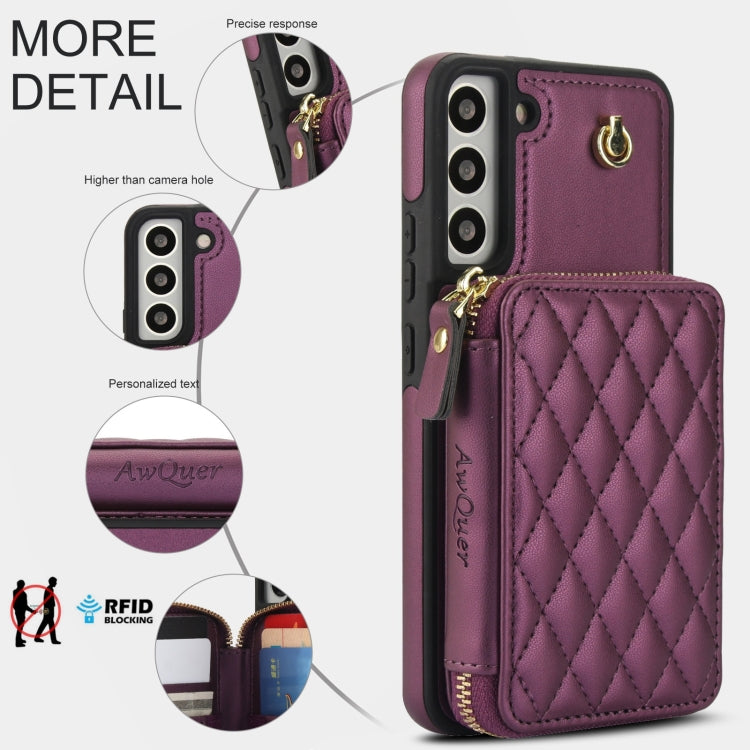 For Samsung Galaxy S22 5G AwQuer Crossbody Zipper Wallet Rhombic Leather Back Phone Case(Dark Purple)
