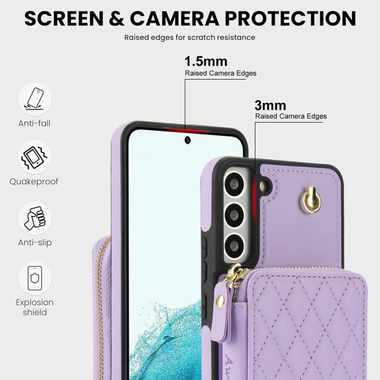 For Samsung Galaxy S22 5G AwQuer Crossbody Zipper Wallet Rhombic Leather Back Phone Case(Purple)