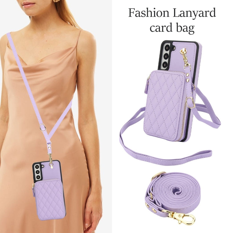 For Samsung Galaxy S22 5G AwQuer Crossbody Zipper Wallet Rhombic Leather Back Phone Case(Purple)