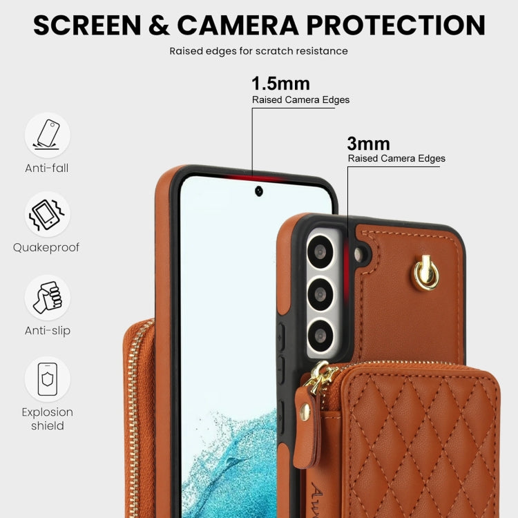 For Samsung Galaxy S22 5G AwQuer Crossbody Zipper Wallet Rhombic Leather Back Phone Case(Brown)