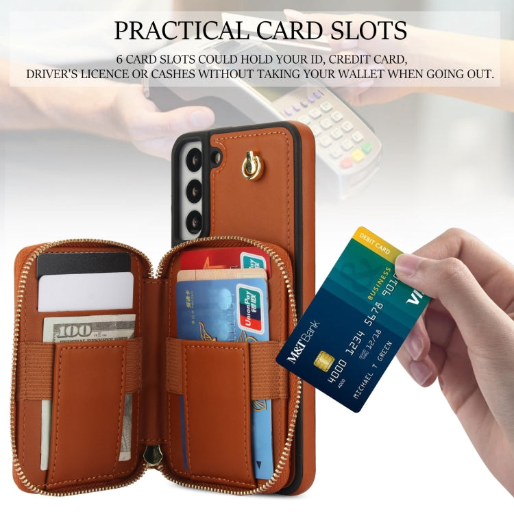 For Samsung Galaxy S22 5G AwQuer Crossbody Zipper Wallet Rhombic Leather Back Phone Case(Brown)