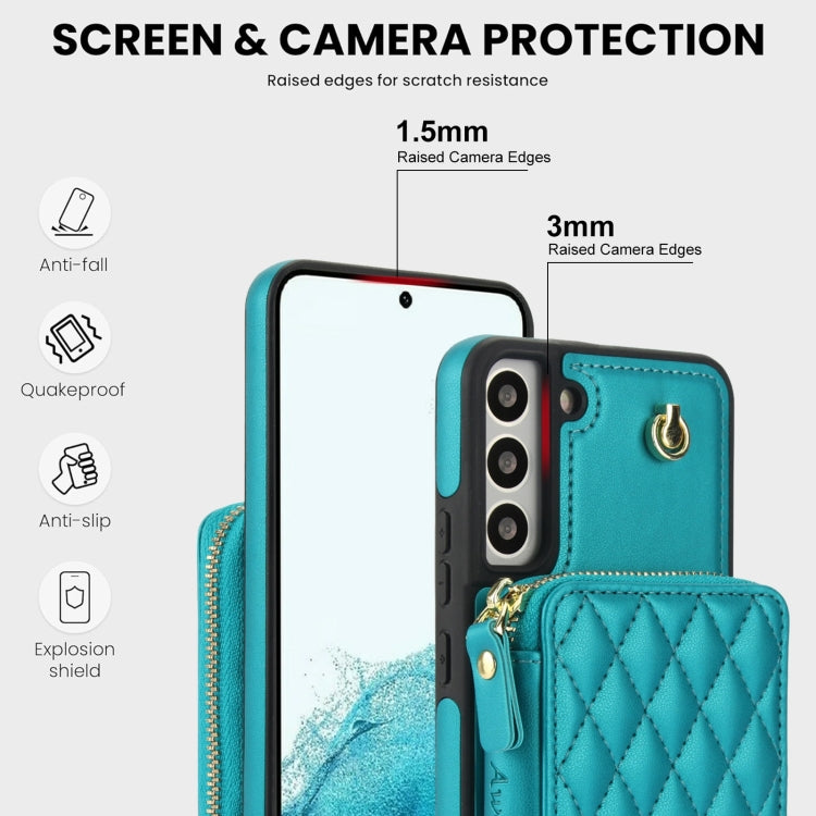 For Samsung Galaxy S22+ 5G AwQuer Crossbody Zipper Wallet Rhombic Leather Back Phone Case(Green)