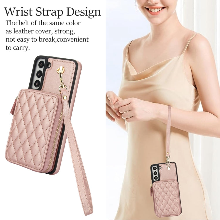 For Samsung Galaxy S22+ 5G AwQuer Crossbody Zipper Wallet Rhombic Leather Back Phone Case(Rose Gold)
