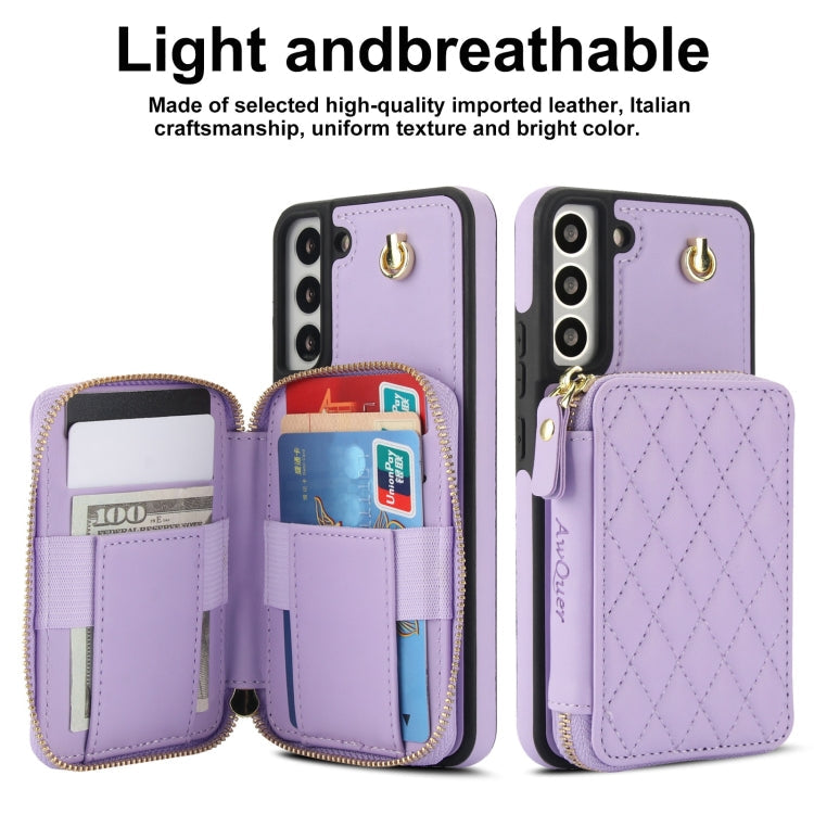 For Samsung Galaxy S22+ 5G AwQuer Crossbody Zipper Wallet Rhombic Leather Back Phone Case(Purple)