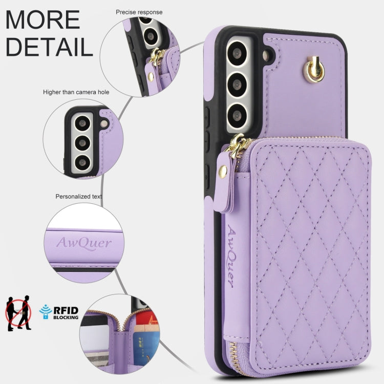 For Samsung Galaxy S22+ 5G AwQuer Crossbody Zipper Wallet Rhombic Leather Back Phone Case(Purple)