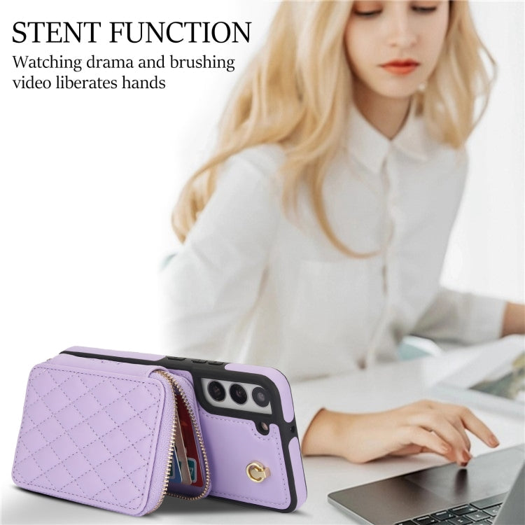 For Samsung Galaxy S22+ 5G AwQuer Crossbody Zipper Wallet Rhombic Leather Back Phone Case(Purple)