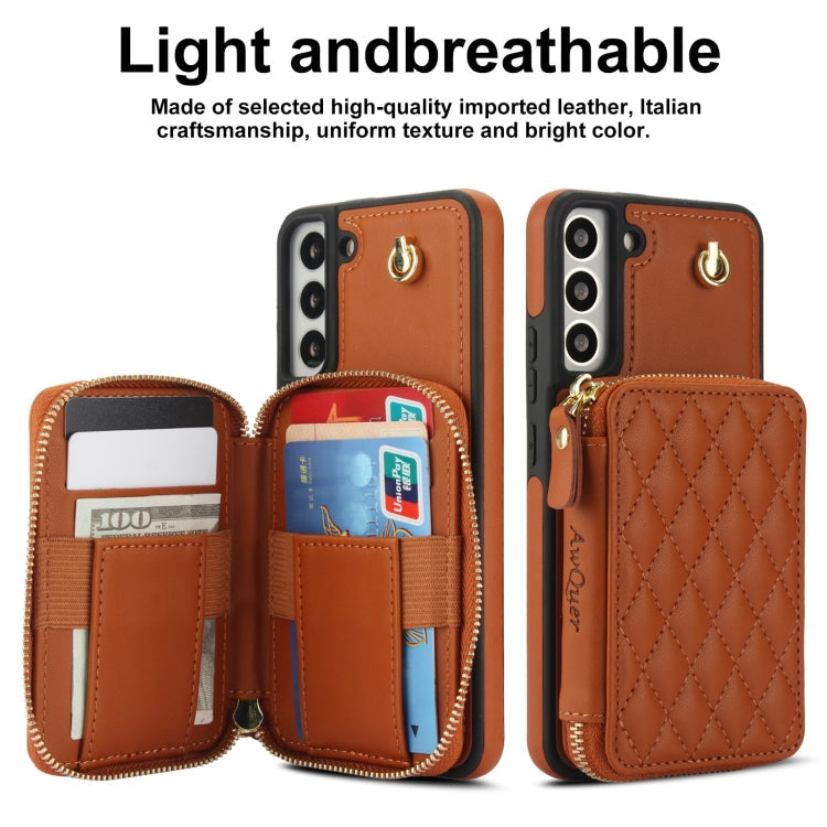 For Samsung Galaxy S22+ 5G AwQuer Crossbody Zipper Wallet Rhombic Leather Back Phone Case(Brown)