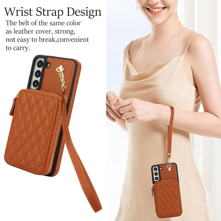 For Samsung Galaxy S22+ 5G AwQuer Crossbody Zipper Wallet Rhombic Leather Back Phone Case(Brown)