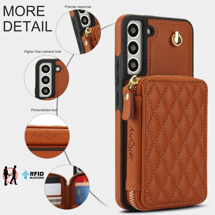 For Samsung Galaxy S22+ 5G AwQuer Crossbody Zipper Wallet Rhombic Leather Back Phone Case(Brown)