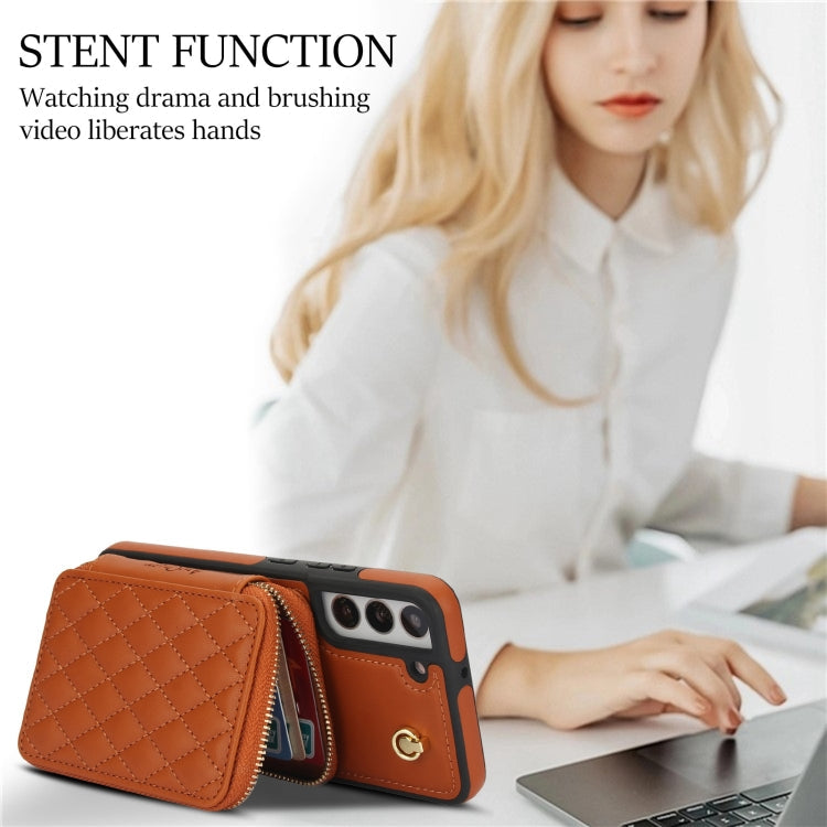 For Samsung Galaxy S22+ 5G AwQuer Crossbody Zipper Wallet Rhombic Leather Back Phone Case(Brown)