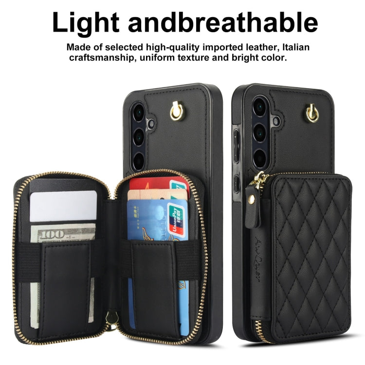For Samsung Galaxy A55 5G AwQuer Crossbody Zipper Wallet Rhombic Leather Back Phone Case(Black)