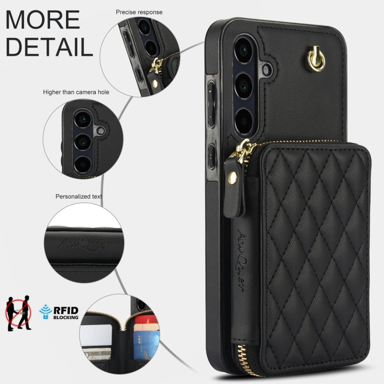 For Samsung Galaxy A55 5G AwQuer Crossbody Zipper Wallet Rhombic Leather Back Phone Case(Black)