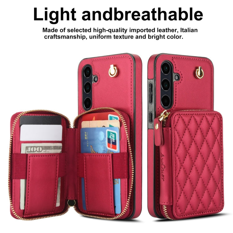For Samsung Galaxy A55 5G AwQuer Crossbody Zipper Wallet Rhombic Leather Back Phone Case(Red)
