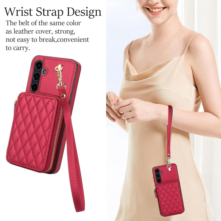 For Samsung Galaxy A55 5G AwQuer Crossbody Zipper Wallet Rhombic Leather Back Phone Case(Red)