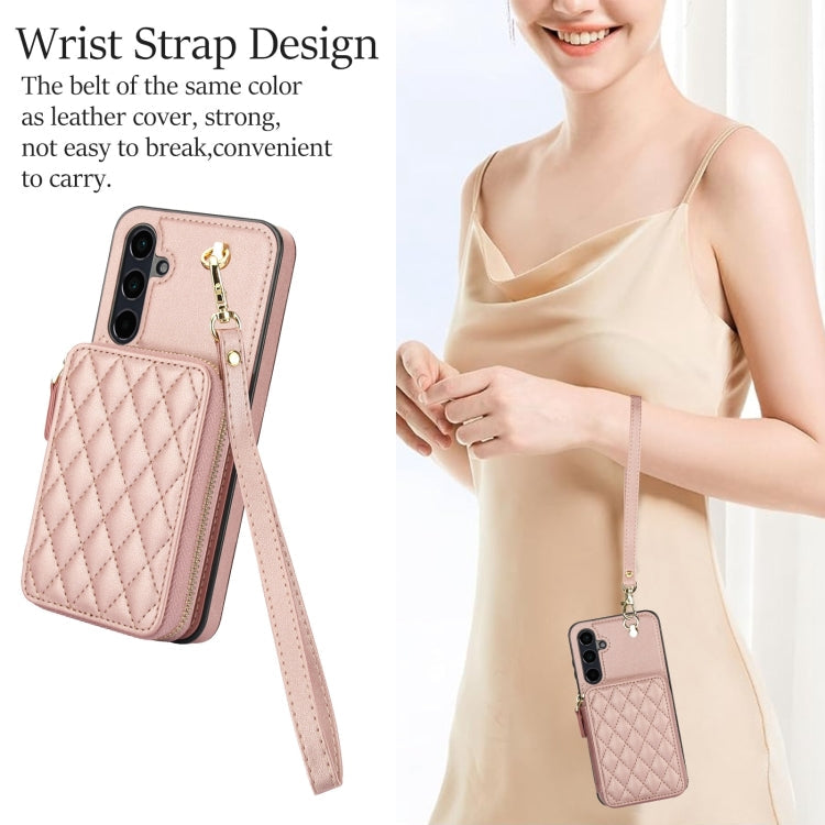 For Samsung Galaxy A55 5G AwQuer Crossbody Zipper Wallet Rhombic Leather Back Phone Case(Rose Gold)