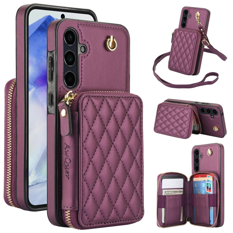 For Samsung Galaxy A55 5G AwQuer Crossbody Zipper Wallet Rhombic Leather Back Phone Case(Dark Purple)