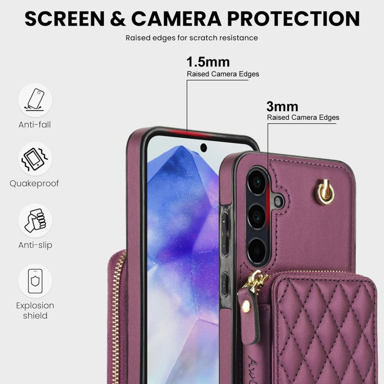 For Samsung Galaxy A55 5G AwQuer Crossbody Zipper Wallet Rhombic Leather Back Phone Case(Dark Purple)