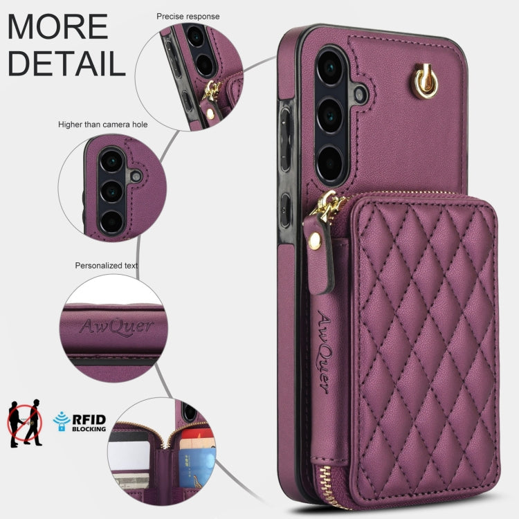 For Samsung Galaxy A55 5G AwQuer Crossbody Zipper Wallet Rhombic Leather Back Phone Case(Dark Purple)
