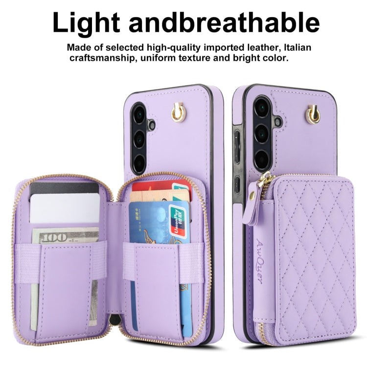 For Samsung Galaxy A55 5G AwQuer Crossbody Zipper Wallet Rhombic Leather Back Phone Case(Purple)
