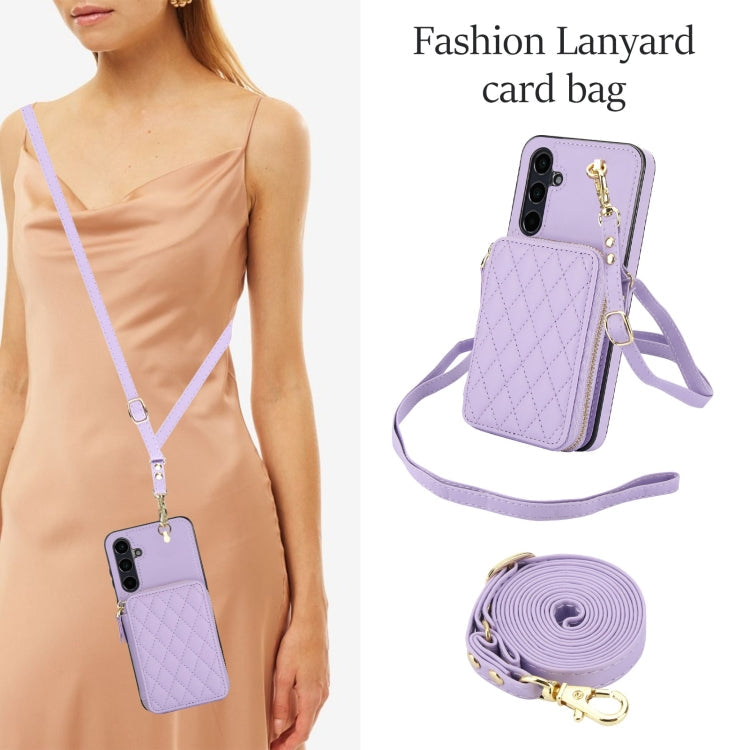 For Samsung Galaxy A55 5G AwQuer Crossbody Zipper Wallet Rhombic Leather Back Phone Case(Purple)