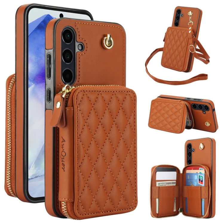 For Samsung Galaxy A55 5G AwQuer Crossbody Zipper Wallet Rhombic Leather Back Phone Case(Brown)