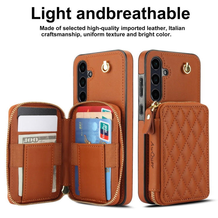 For Samsung Galaxy A55 5G AwQuer Crossbody Zipper Wallet Rhombic Leather Back Phone Case(Brown)