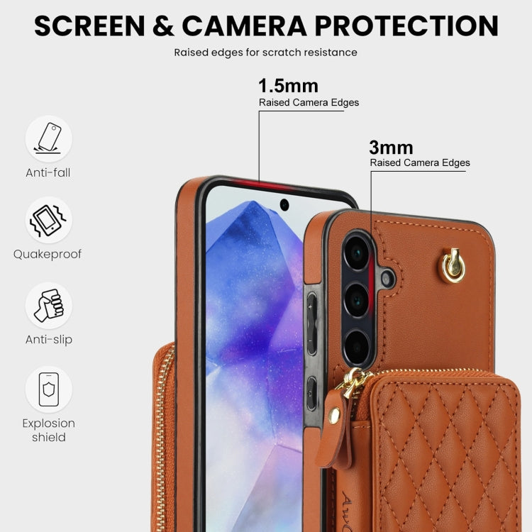 For Samsung Galaxy A55 5G AwQuer Crossbody Zipper Wallet Rhombic Leather Back Phone Case(Brown)