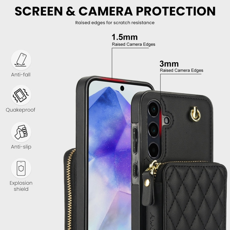 For Samsung Galaxy A35 5G AwQuer Crossbody Zipper Wallet Rhombic Leather Back Phone Case(Black)