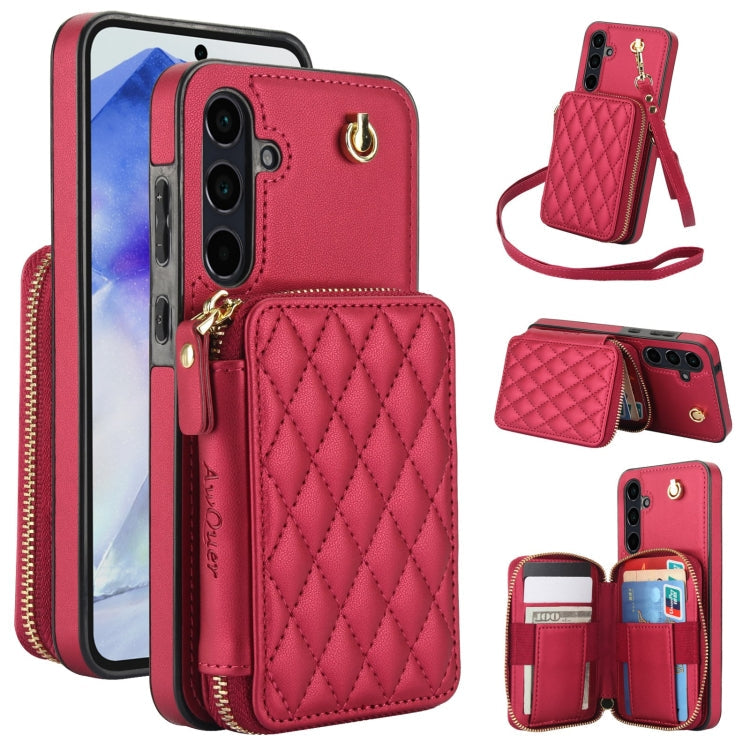 For Samsung Galaxy A35 5G AwQuer Crossbody Zipper Wallet Rhombic Leather Back Phone Case(Red)