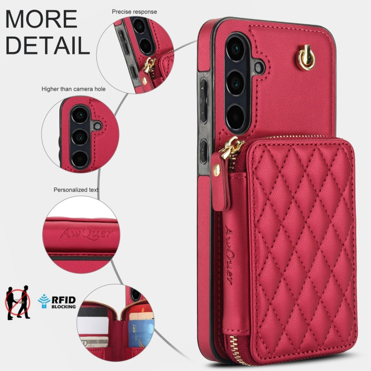 For Samsung Galaxy A35 5G AwQuer Crossbody Zipper Wallet Rhombic Leather Back Phone Case(Red)