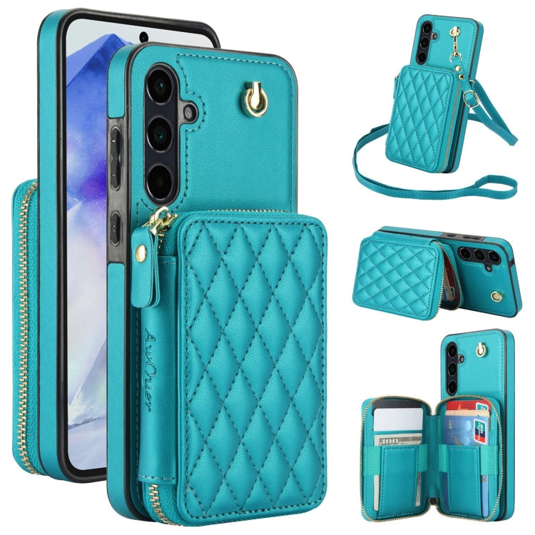 For Samsung Galaxy A35 5G AwQuer Crossbody Zipper Wallet Rhombic Leather Back Phone Case(Green)