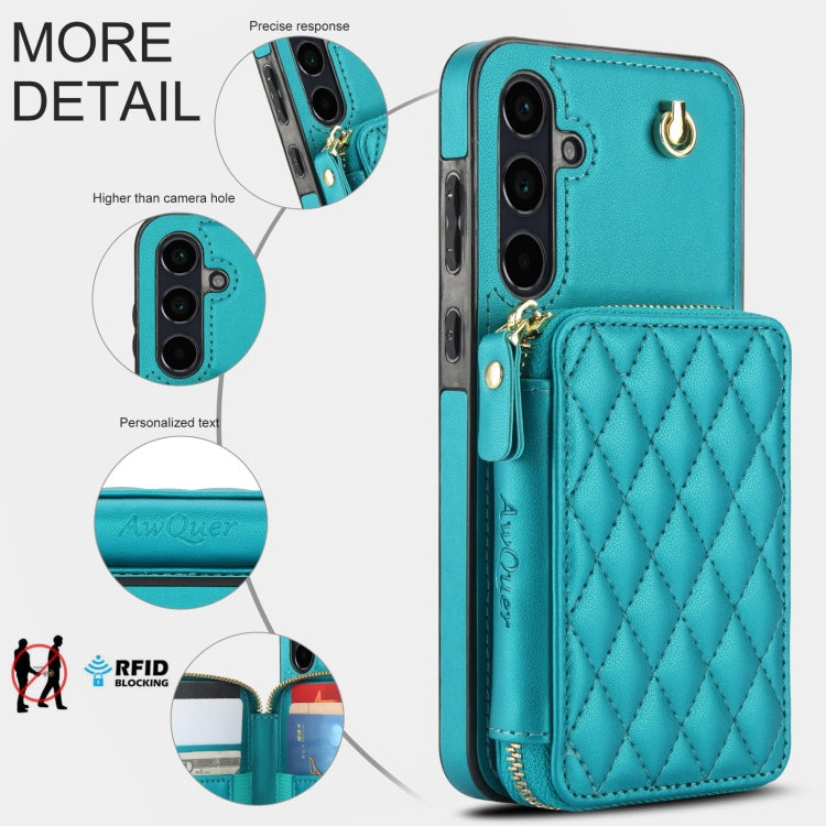 For Samsung Galaxy A35 5G AwQuer Crossbody Zipper Wallet Rhombic Leather Back Phone Case(Green)