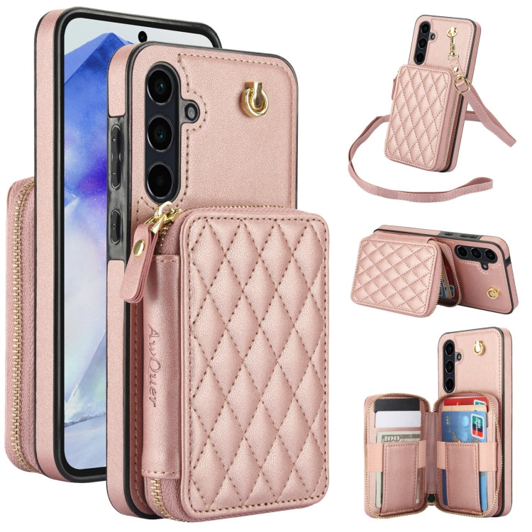 For Samsung Galaxy A35 5G AwQuer Crossbody Zipper Wallet Rhombic Leather Back Phone Case(Rose Gold)